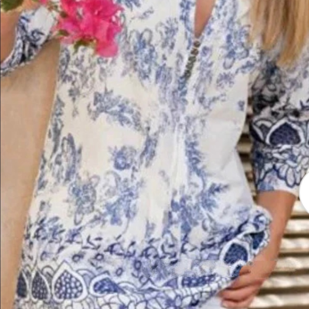 Soft Surrounding  cotton white and blue tunic/blouse with embroidery size 2X
